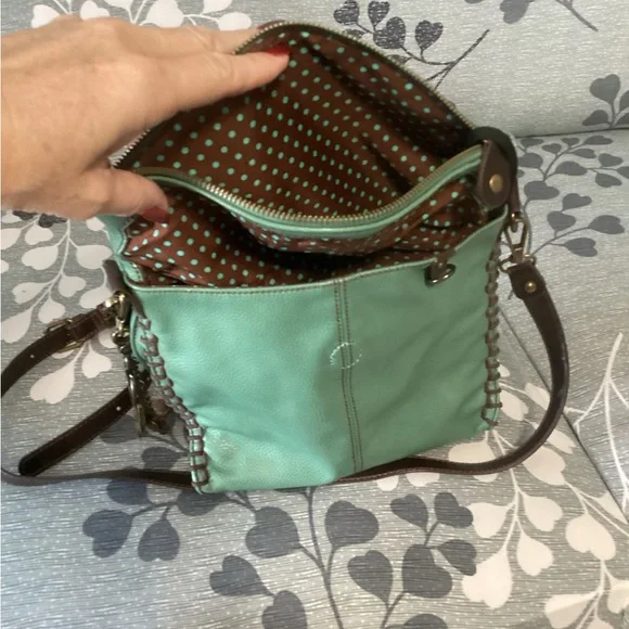 CHALA Teal Faux Leather Crossbody | Whipstitch Detail | Polka Dot Lining 🐾 - Picture 3 of 5
